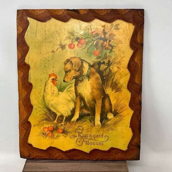 Vintage Coby Wall Art Decoupage Barnyard Bosses Chicken Herding Dog Apple Tree - Picture 1 of 7